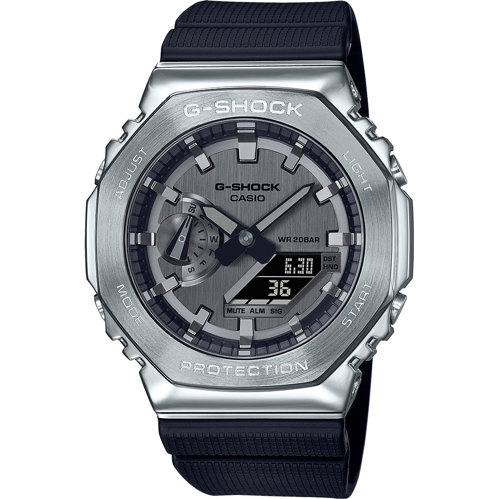 CASIO 卡西歐 G-SHOCK 八角 金屬錶殼 雙顯手錶-百搭銀灰 GM-2100-1A, , large