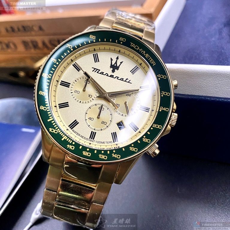 [星晴錶業]MASERATI手錶,44mm,R8873640005金色錶面綠金錶殼金色精鋼錶帶款, , large