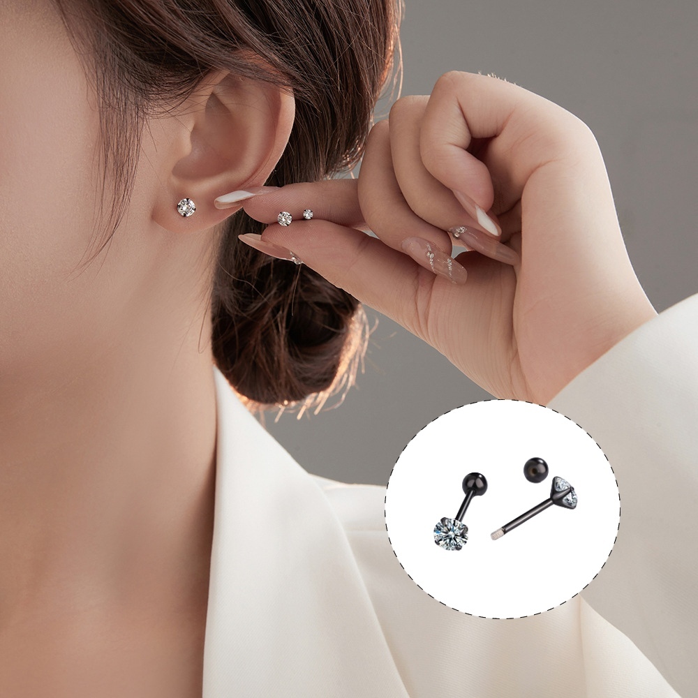 潮流鋯石黑色銅系四爪螺絲耳釘款耳環 -附馬卡收納盒 , , large