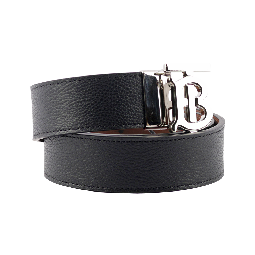 BURBERRY 銀色Logo 牛皮及平滑皮革雙面可用皮帶 90cm/黑色/棕褐色, , large