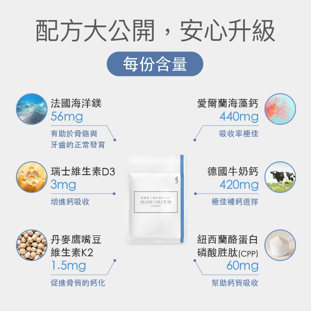 【FJ豐傑生醫】海藻鈣+海洋鎂PLUS(60顆/袋)-雙重優質鈣+法國天然海洋鎂+維生素D維持血鈣平衡, , large