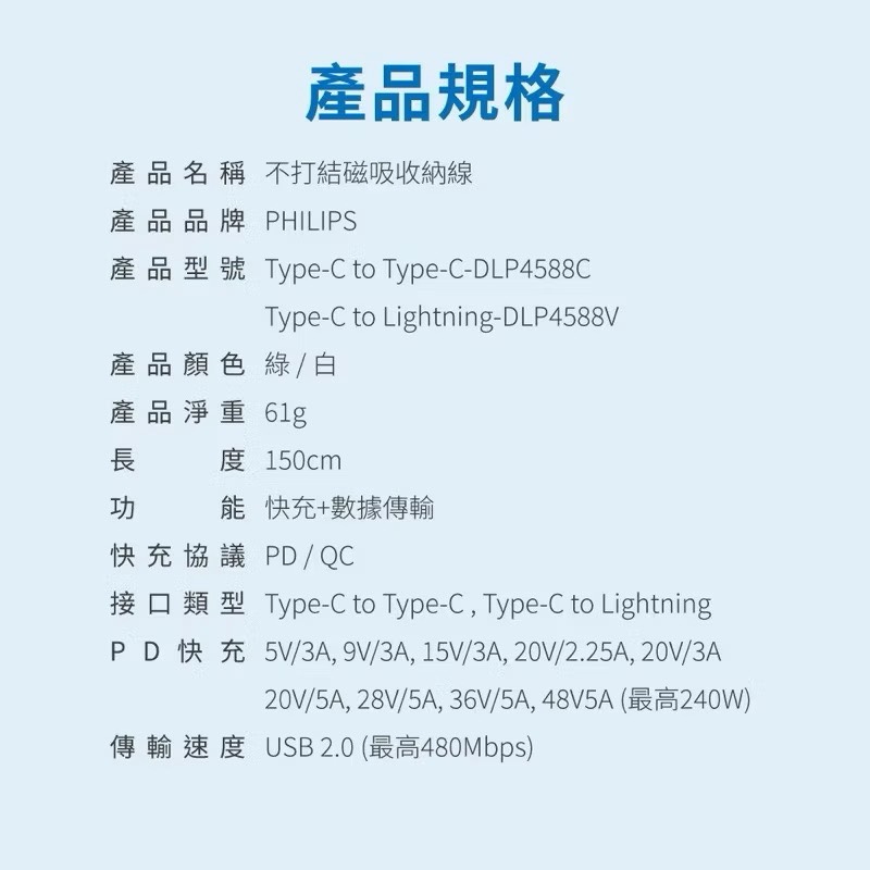 【Leo手機周邊專賣店】 PHILIPS飛利浦 不打結磁吸收納線 / Type C-Lightning / 白色, , large