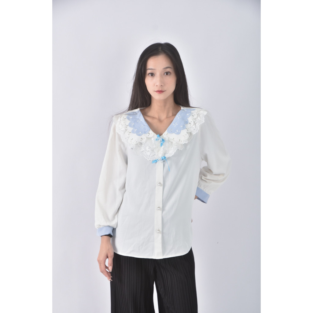 (L) 假兩件白色長袖上衣二手衣, , large