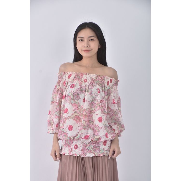 (S) 質感紡紗粉色短袖上衣二手衣