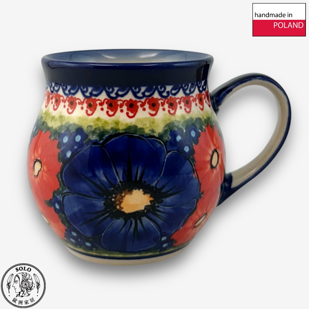 【SOLO Vintage】Cerraf Polish Pottery 350ml Mug Red and Blue Blossoming Elegance Series Made in Poland, , large