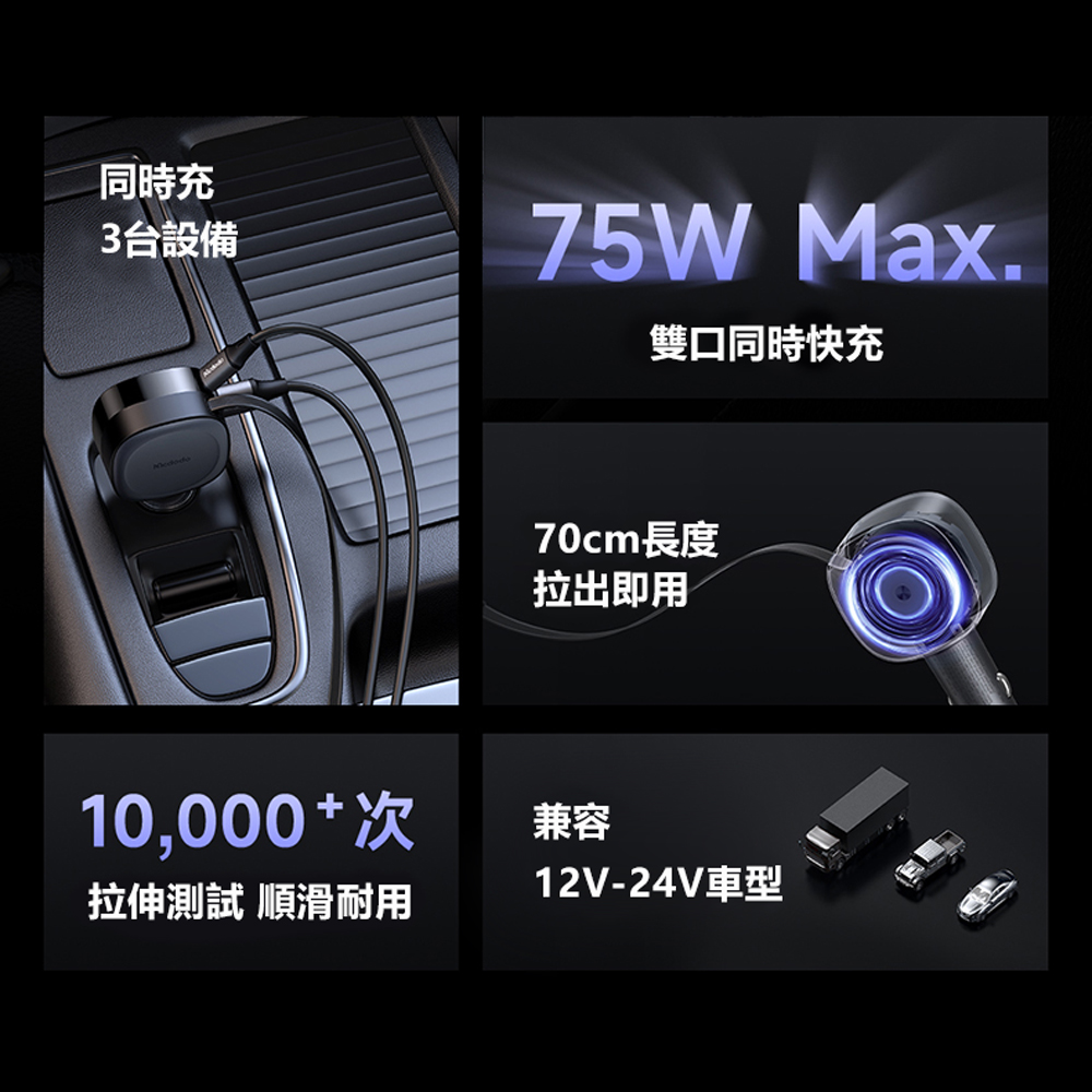 Mcdodo FreeGo 75W Car Charger with Built-in Retractable Cable, , large