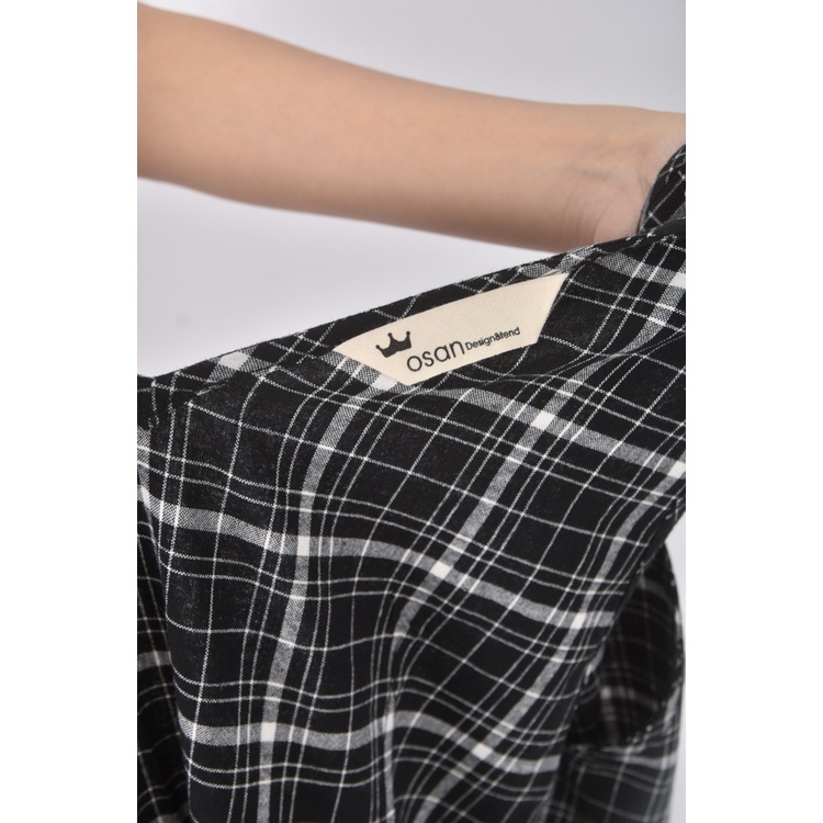 (M) osan質感棉質純棉格紋黑色洋裝二手衣, , large