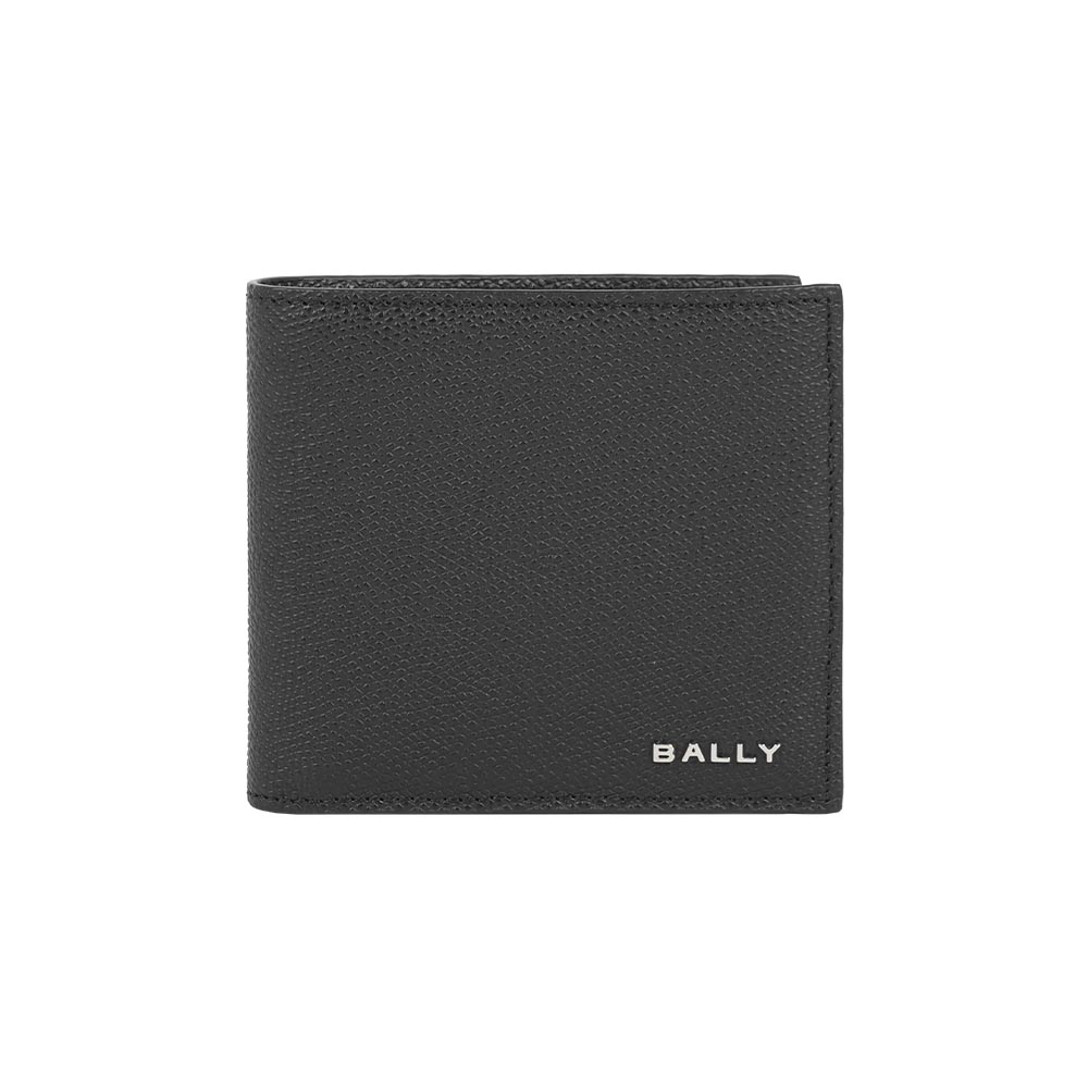 BALLY 銀字Logo 粒紋小牛皮對開零錢袋短夾(黑色), , large