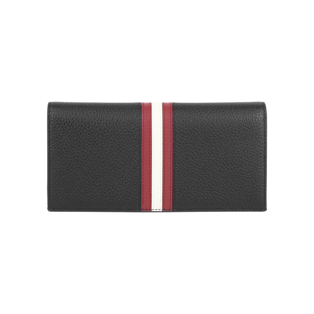 BALLY Ribbon 紅白條紋牛皮18卡對開長夾(黑色), , large