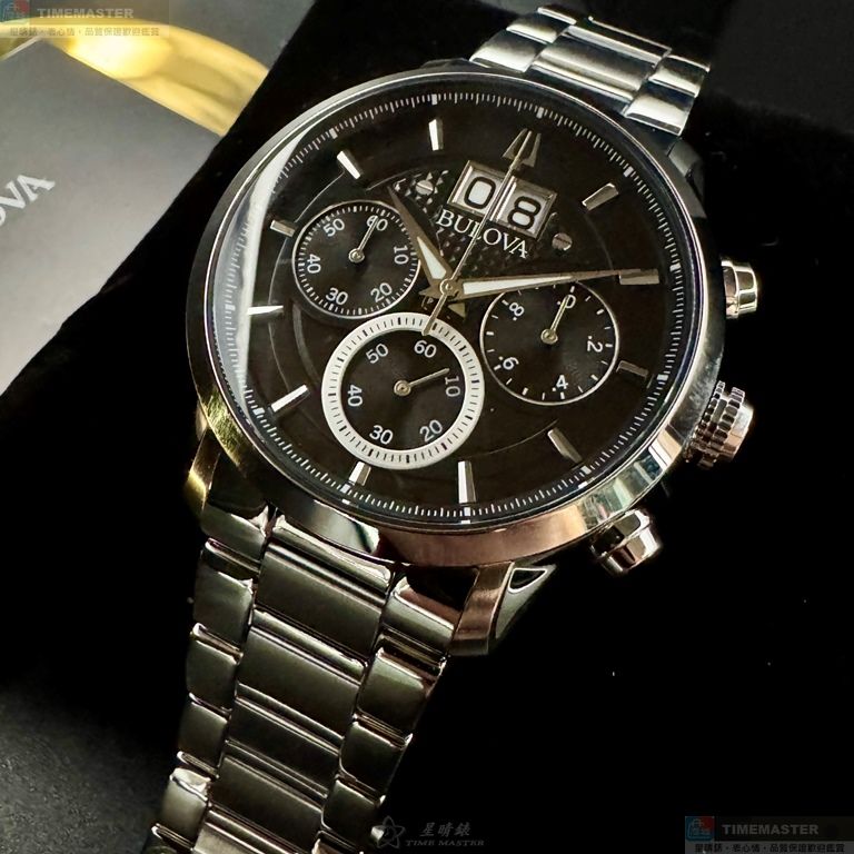 [星晴錶業]BULOVA手錶,44mm,BU00006黑色錶面銀錶殼銀色精鋼錶帶款, , large