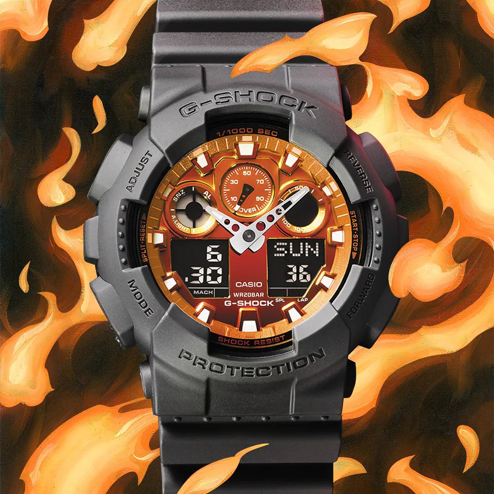 CASIO 卡西歐 G-SHOCK 熾熱火焰系列 雙顯手錶 GA-100FL-8A, , large