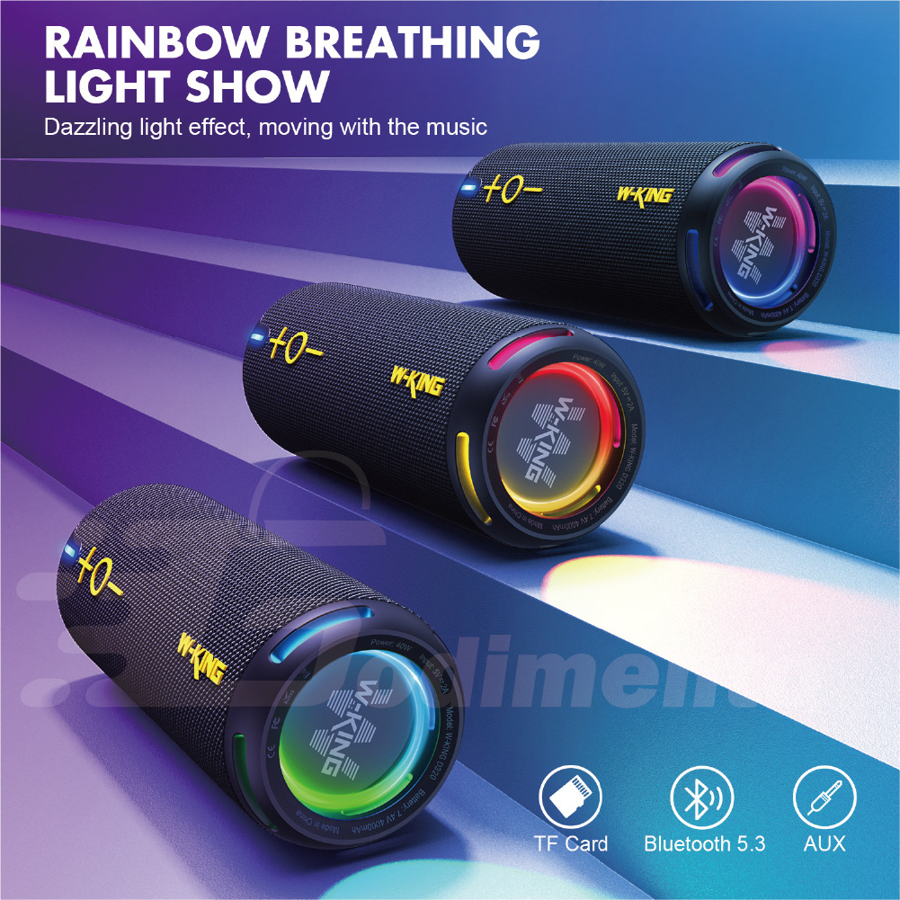 W-KING D320 40W 海神藍 360度環繞防水藍芽喇叭 帶燈光/TF/AUX音響 EQ重低音喇叭, , large
