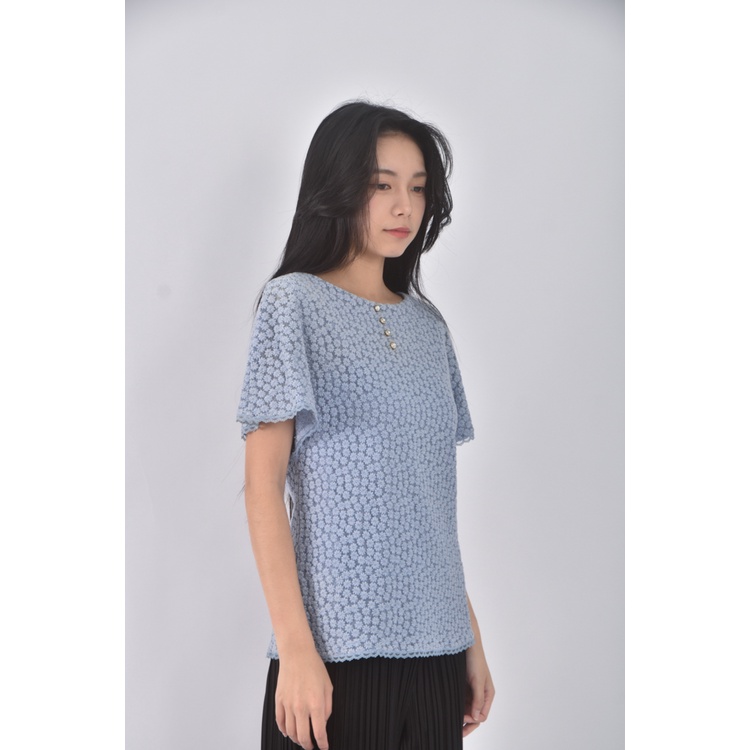 (S) cynthia rowley質感棉質圓領小花藍色短袖上衣二手衣, , large