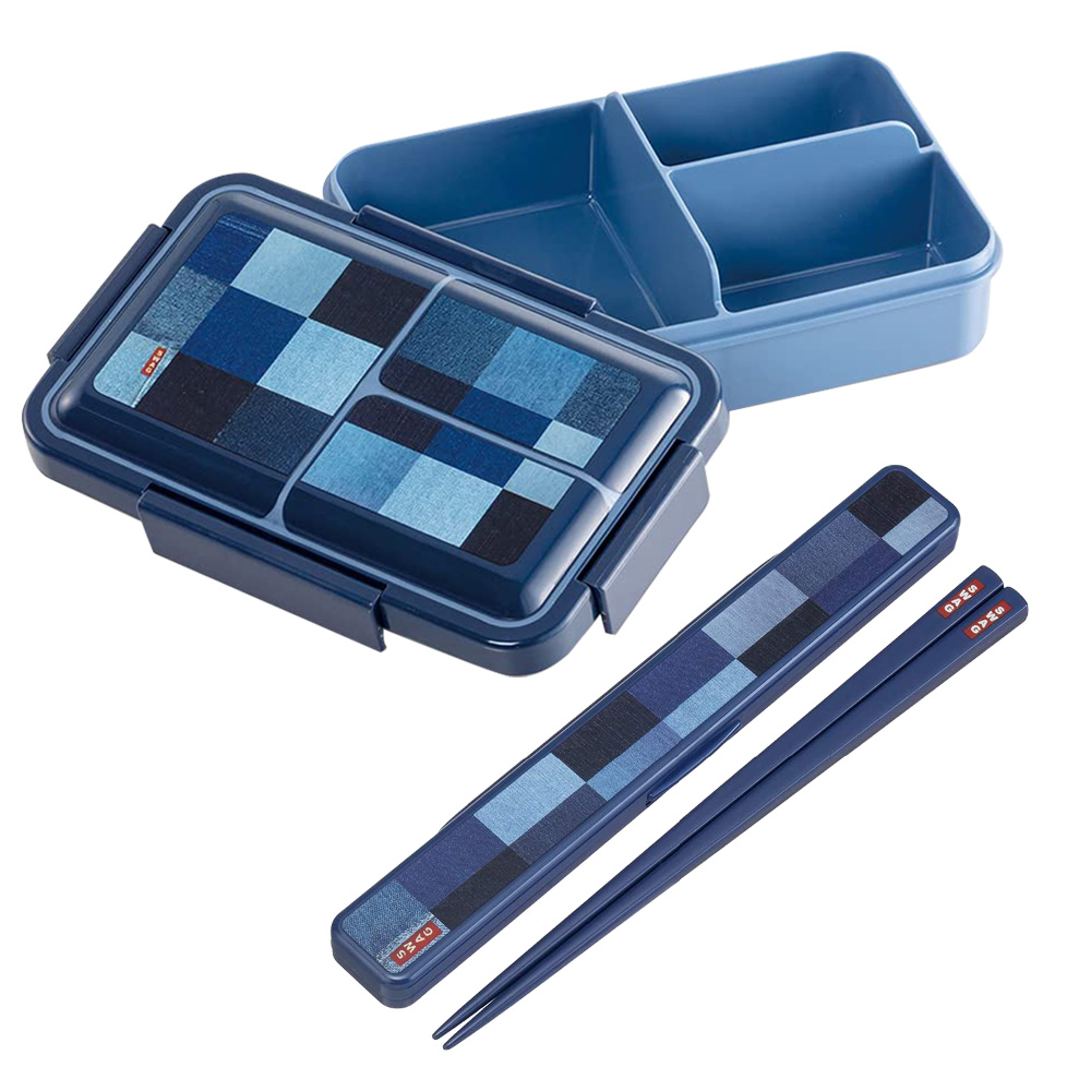 【百科良品】日本製元素 餐盒 辦公旅行通用 抗菌加工Ag+ 保鮮便當盒850ml+環保筷19.5cm-牛仔風, , large