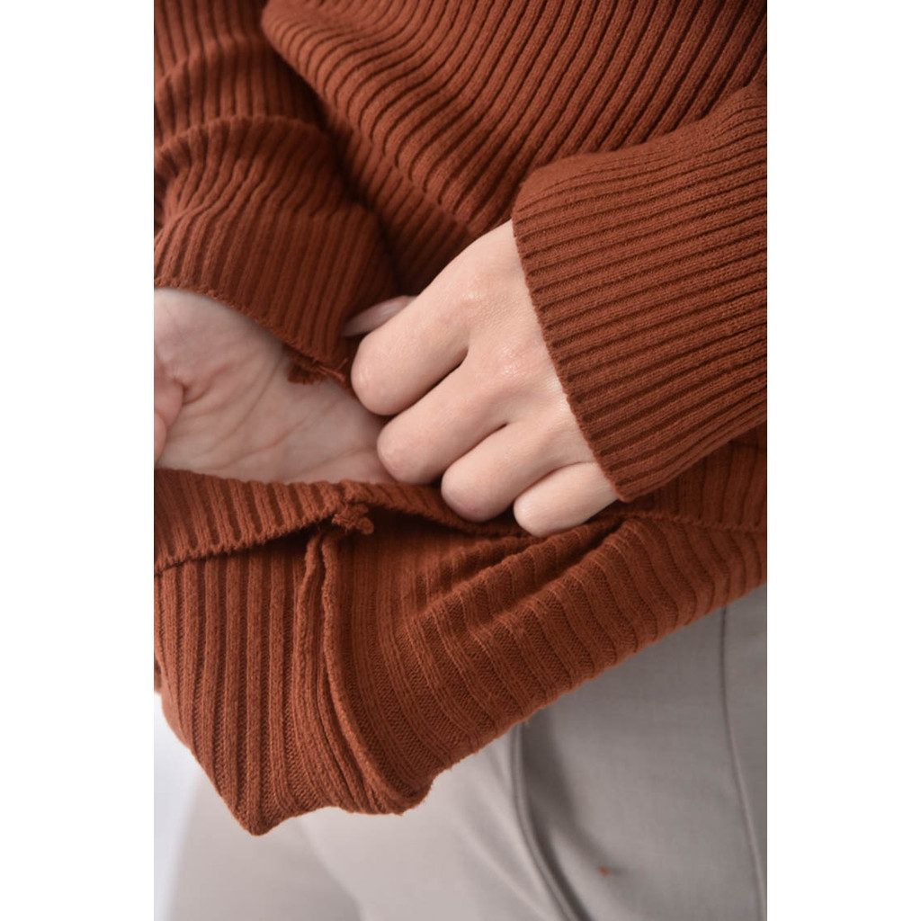 (S) 針織高領棕色長袖上衣二手衣, , large