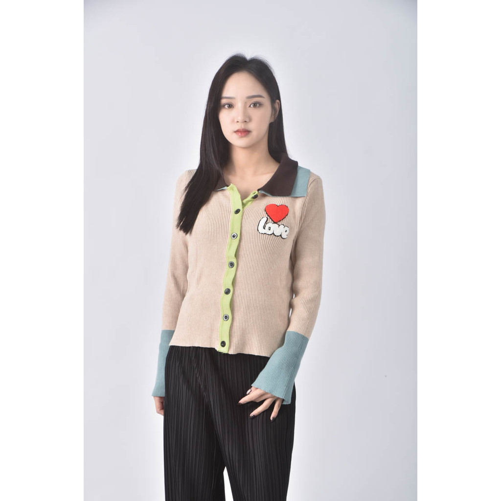 (S) 【董仔私服】羅紋圖案杏色長袖上衣二手衣, , large