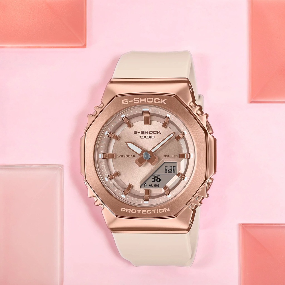 CASIO 卡西歐 G-SHOCK 個性時尚 八角金屬錶殼 雙顯手錶-玫瑰金x米白 GM-S2110PG-4A, , large
