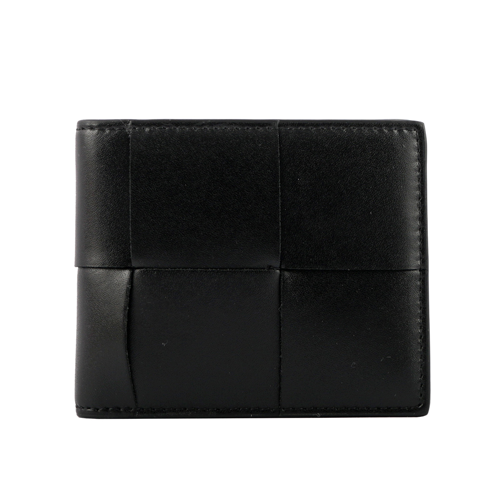 BOTTEGA VENETA 新款小牛皮大格編織對開6卡短夾/黑色, , large