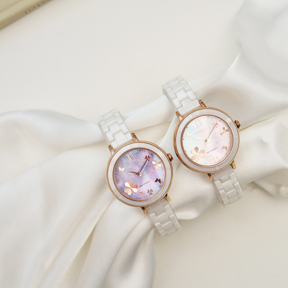 Relax Time RT-110S 拾光花語 太陽能陶瓷女錶-白x紫 RT-110S-03, , large