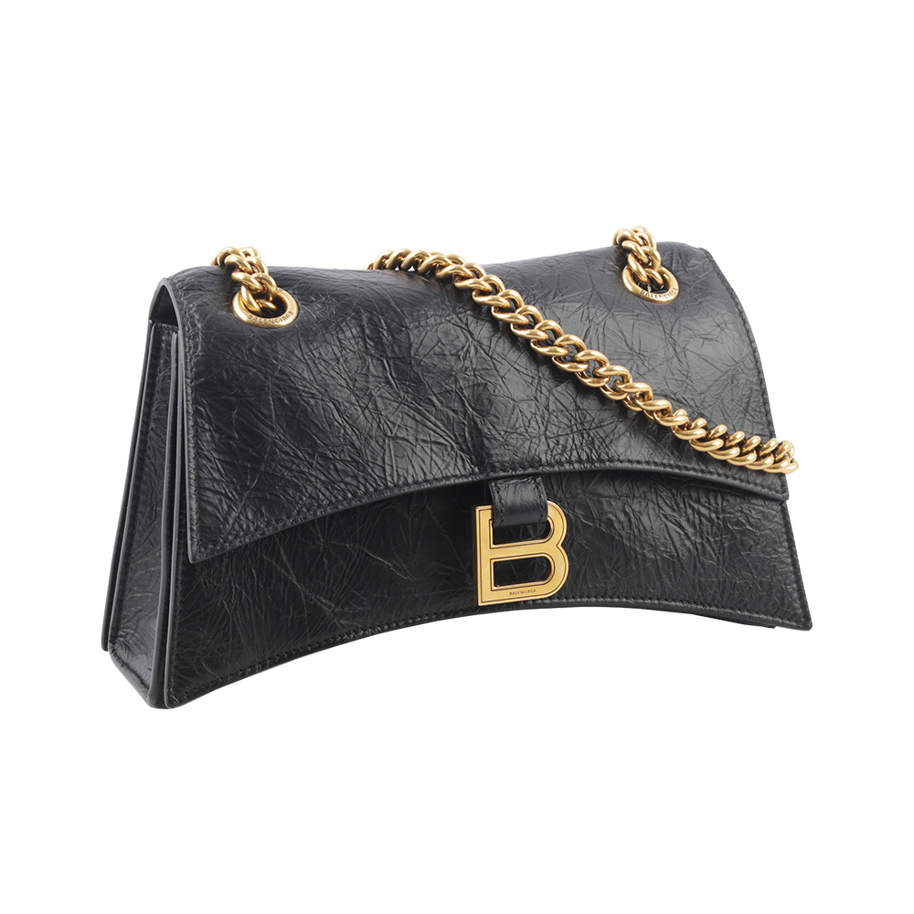 BALENCIAGA CRUSH 金釦皺褶小牛皮二用包/黑色, , large
