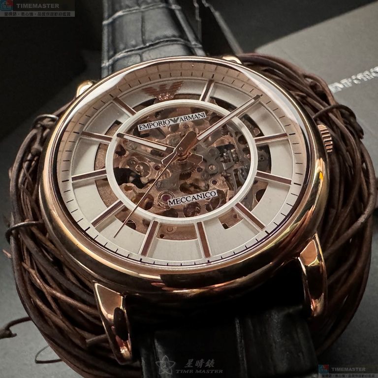 [星晴錶業]ARMANI手錶,44mm,AR00069白色雙面機械鏤空錶面玫瑰金錶殼深黑色真皮皮革錶帶款, , large
