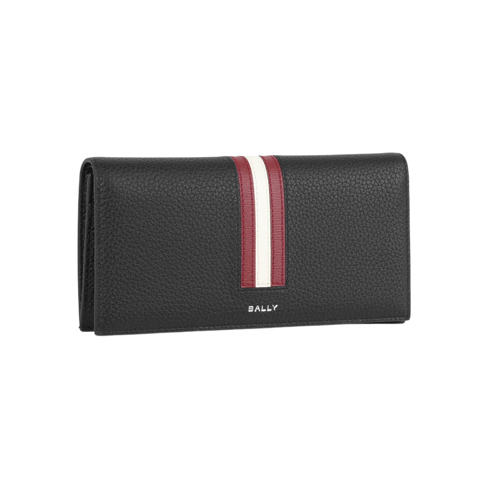 BALLY Ribbon 紅白條紋牛皮18卡對開長夾(黑色), , large