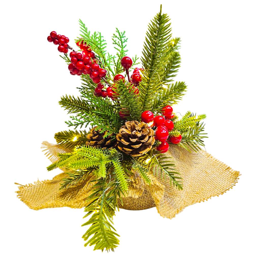 摩達客-25cm聖誕裝飾花盆擺飾-松果紅果款+20LED暖白光燈串-交換禮物耶誕派對推薦, , large