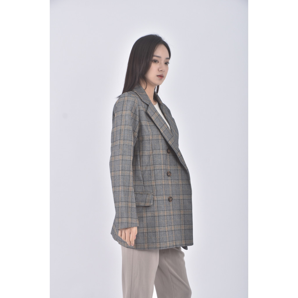 (S) 質感西裝格紋灰色外套二手衣, , large