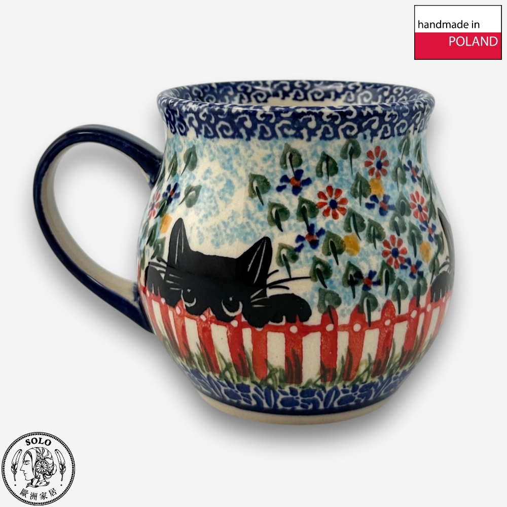 【SOLO Vintage】Cerraf Polish Pottery 350ml Mug Black Cat Garden Series Made in Poland, , large