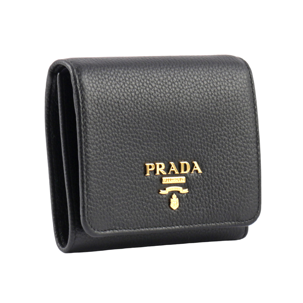 PRADA 浮雕Logo 荔枝皮革暗釦三折短夾/黑色, , large