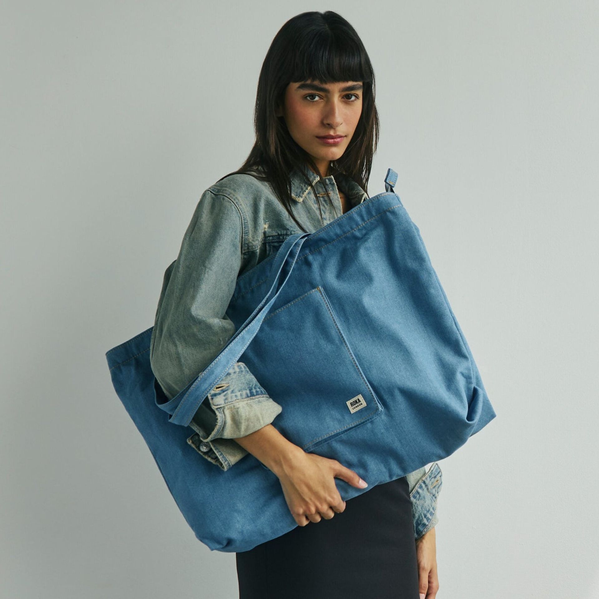 [英國 ROKA LONDON] Portobello 丹寧大托特包 購物包 - 水洗丹寧, , large