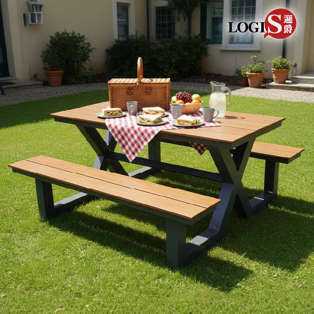 Wood grain composite wood & aluminum alloy patio tables and chairs, , large