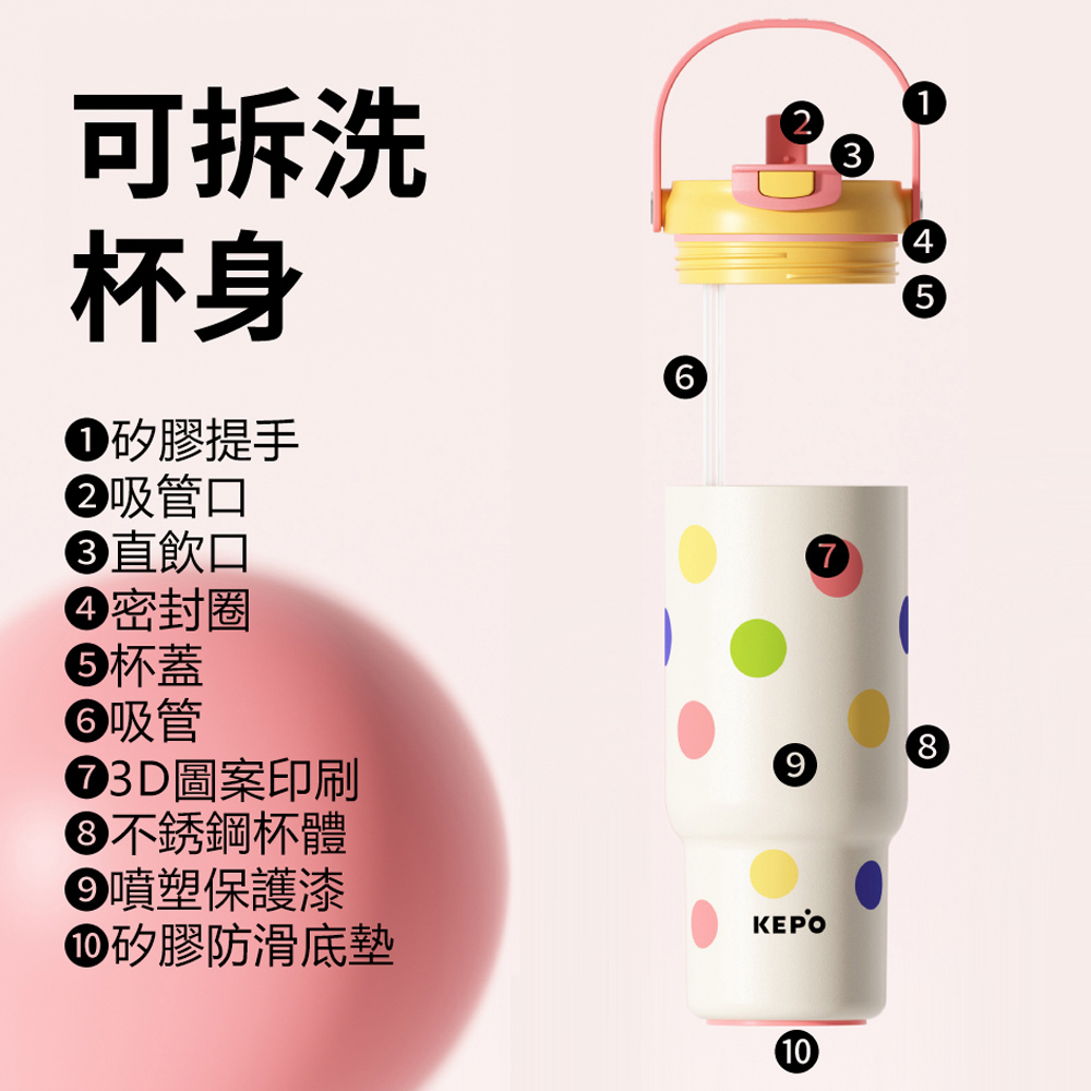 KEPO LQ 900ML KC008 手提雙飲吸管杯 316L不銹鋼內膽 多彩波點, , large