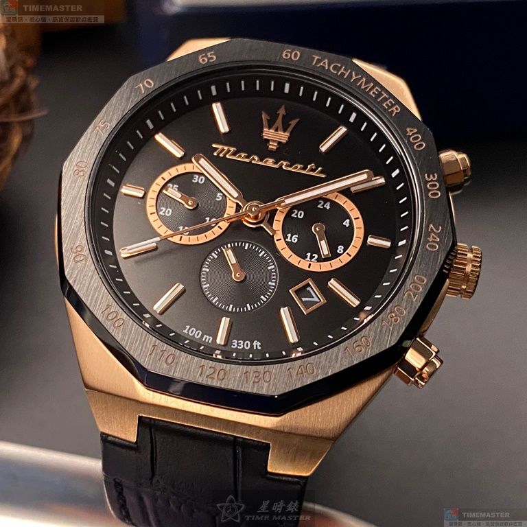 [星晴錶業]MASERATI手錶,46mm,R8871642001黑色錶面玫瑰金錶殼深黑色真皮皮革錶帶款, , large