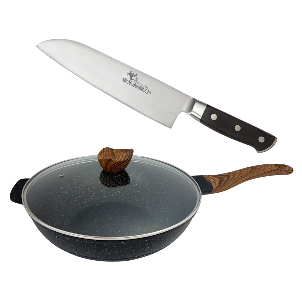 【金永利鋼刀】F8尖鋒三德刀｜全能料理刀+lava cooking 台製32cm七層複合式合金不沾炒鍋, , large
