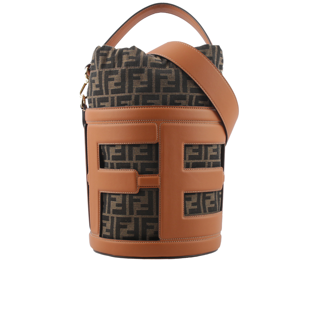 FENDI Step Out 皮革拼緹花布中款水桶包/棕色/焦糖色, , large
