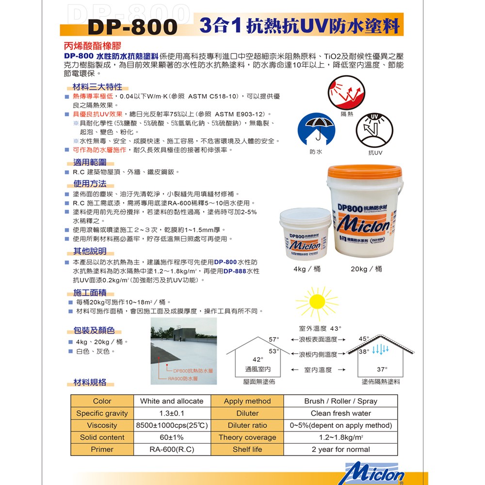 [樂施達]佐禾 邁克漏 水性防水抗熱塗料（DP800）, , large