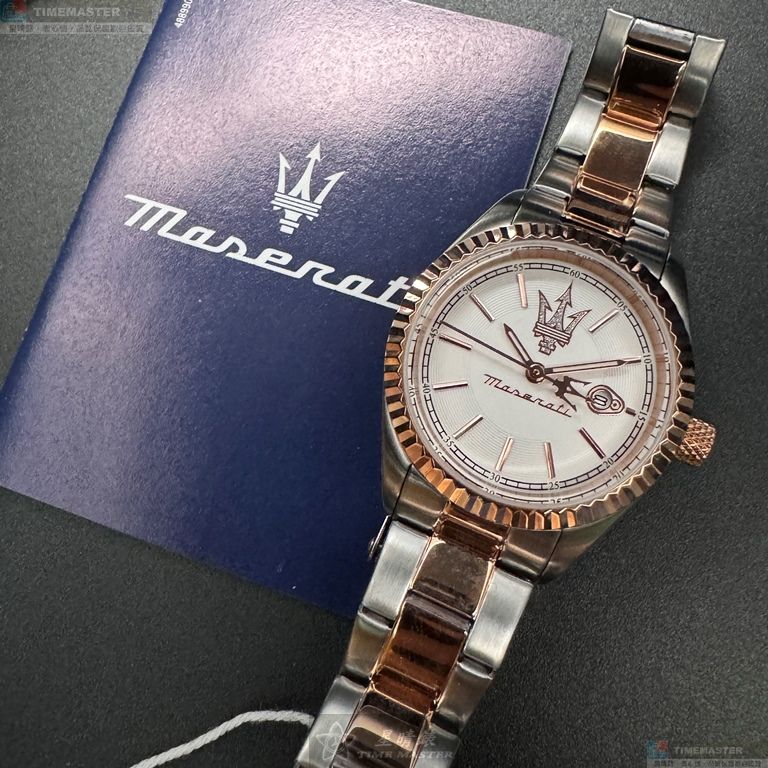 [星晴錶業]MASERATI手錶,30mm,R8853100504白色錶面玫瑰金錶殼金銀相間精鋼錶帶款, , large