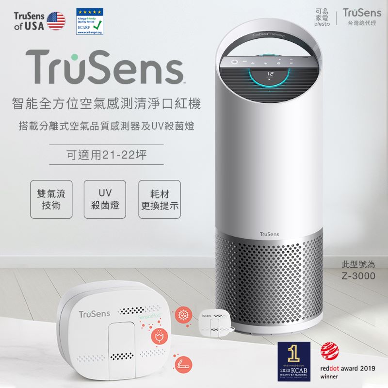 【可易家電】美國 Trusens「口紅機」Z3000 雙氣流UV殺菌空氣清淨機【搭載分離式空氣品質感測器】適用21-22坪空間, , large