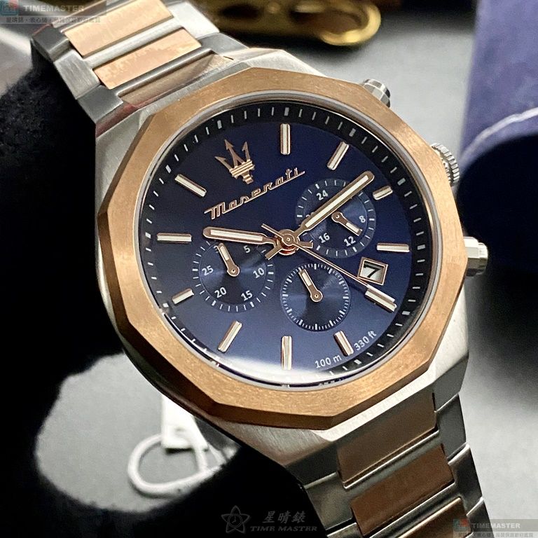 [星晴錶業]MASERATI手錶,46mm,R8873642002寶藍色錶面玫瑰金錶殼金銀相間精鋼錶帶款, , large
