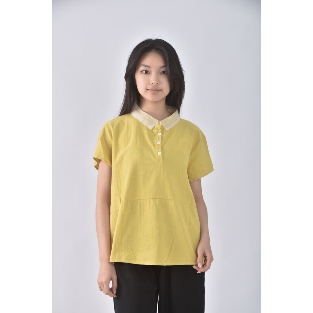 (XL) qys排扣黃色短袖上衣二手衣, , large