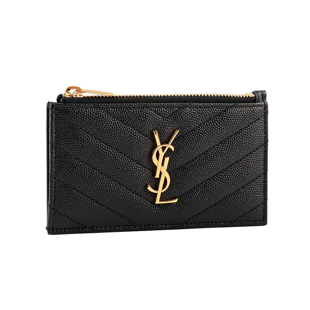 YSL 山形紋荔枝皮金字Logo拉鍊卡片/零錢夾/黑色, , large
