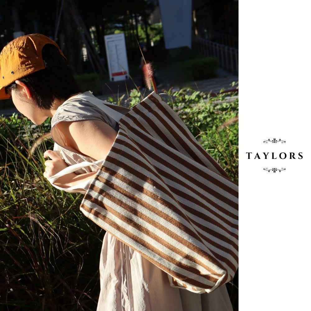 【TAYLORS】Korean style summer striped canvas tote bag, , large