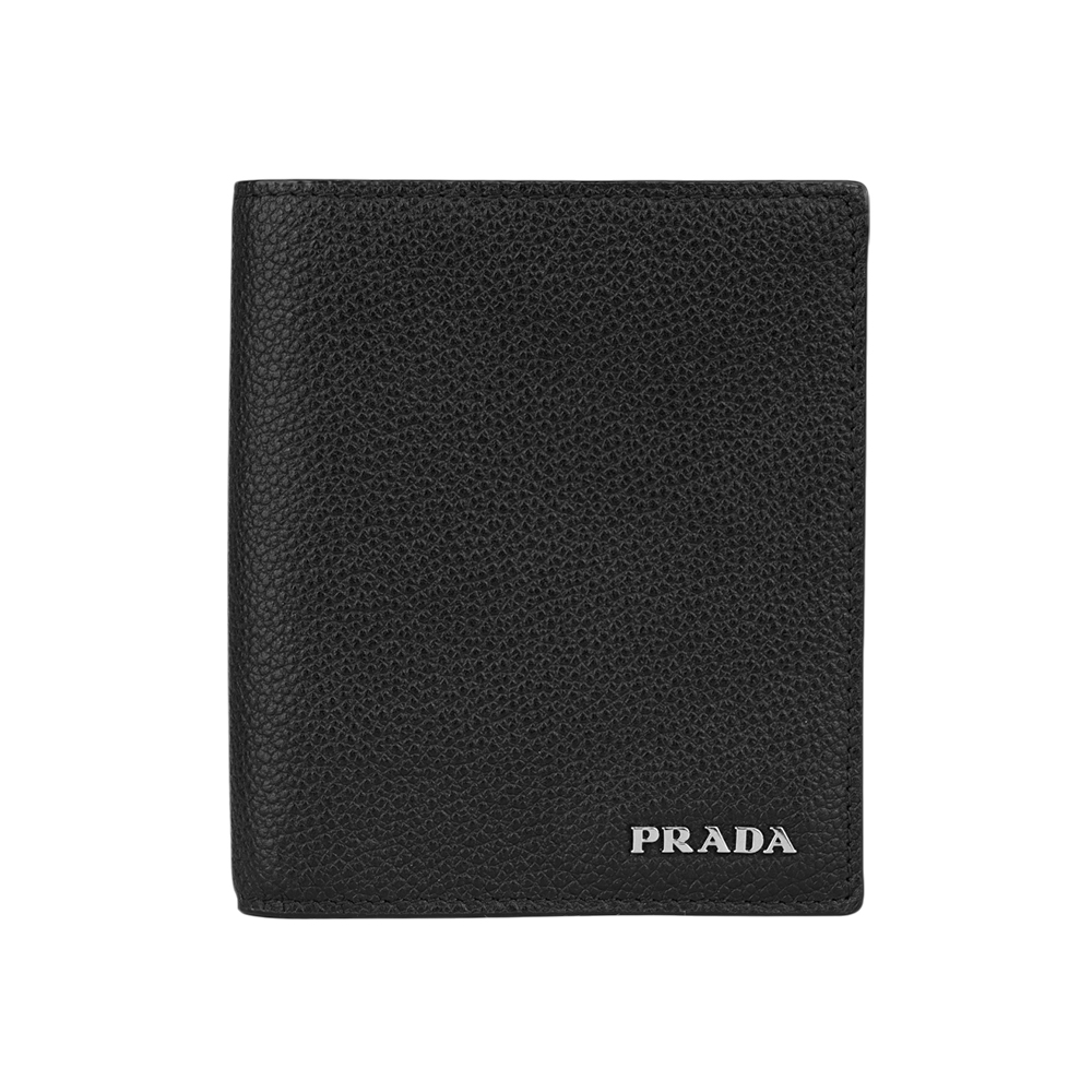 PRADA 銀字Logo 粒紋皮革短版對開8卡短夾/黑色, , large