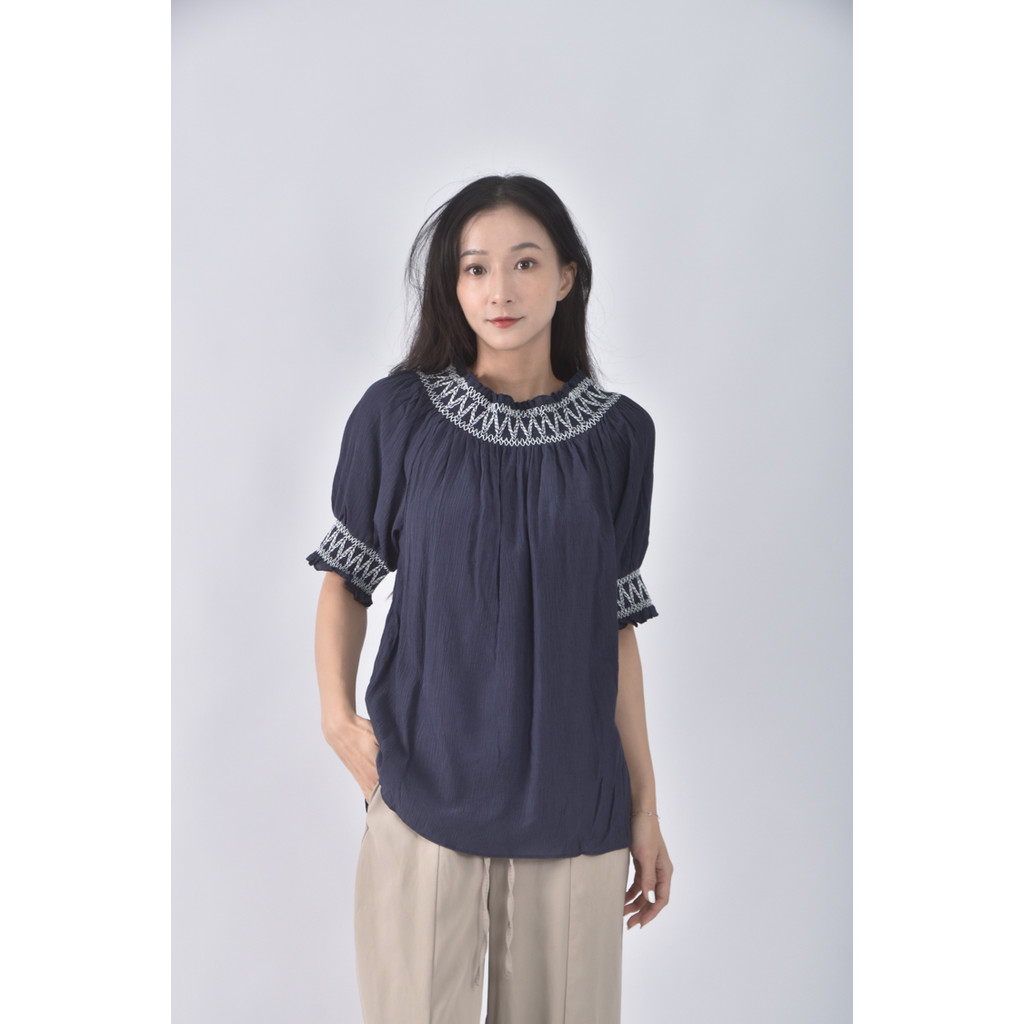 (S) ob style質感棉質一字領藍色上衣二手衣