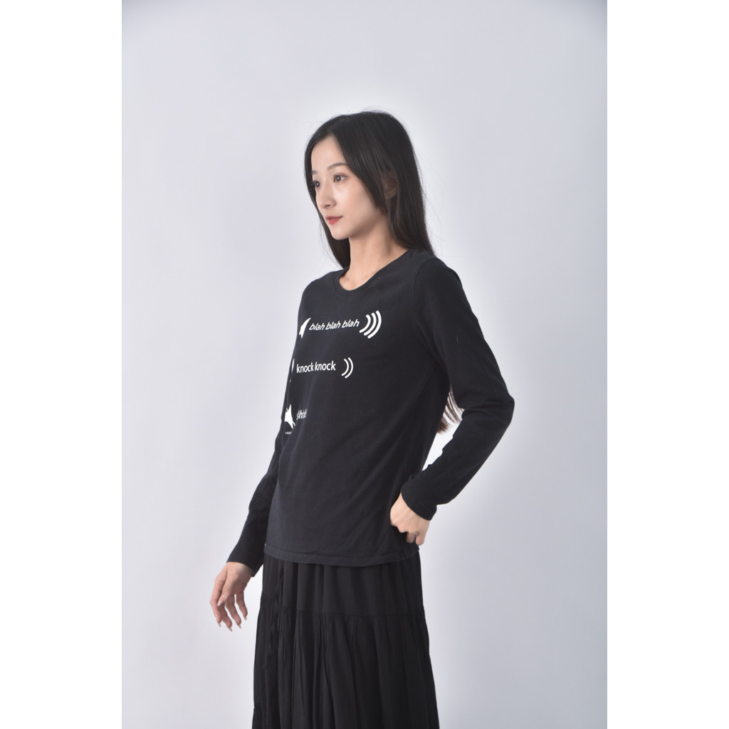 (S) agua design文字黑色長袖上衣二手衣, , large