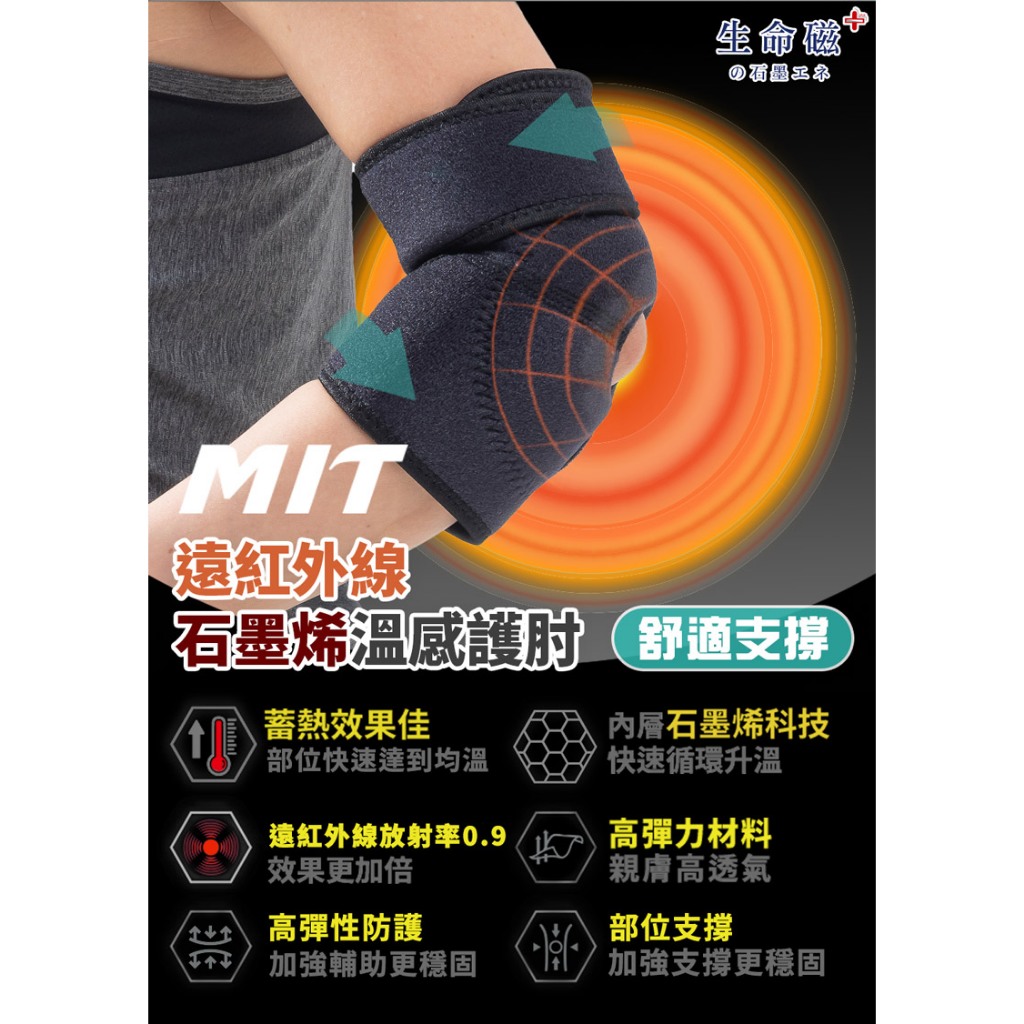 【生命磁】石墨烯遠紅外線護肘（1隻左右都可戴）負重 運動 肘關節保護 媽媽手 網球肘 護具, , large