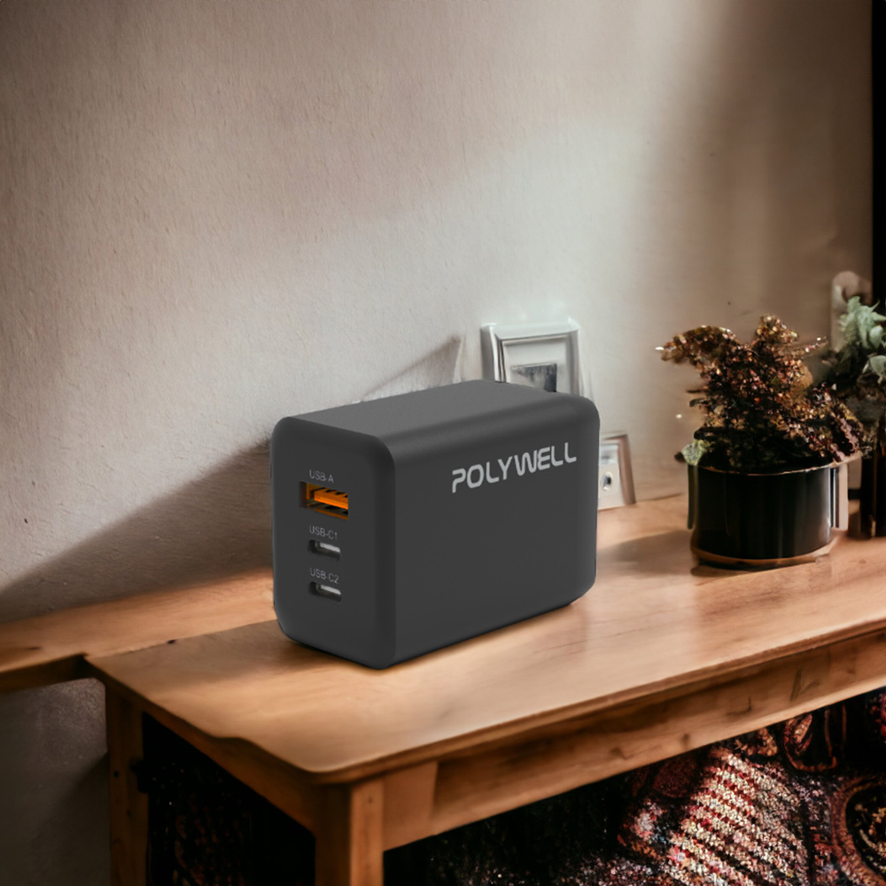 65W三孔PD快充頭【黑色/白色】寶利威爾 POLYWELL 雙USB-C+USB-A 充電頭 GaN氮化鎵 BSMI認證 充電器, , large