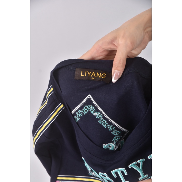 (S) liyang圖案刺繡藍色短袖上衣二手衣, , large