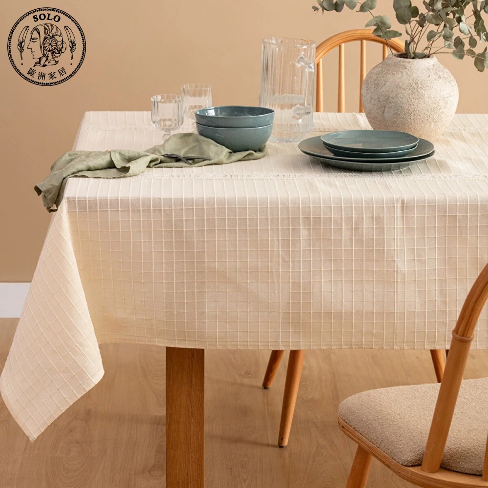 【SOLO歐洲家居】LCW Home 土耳其製150x200cm 純棉亞麻桌布 米色格紋 花邊簍空 餐桌布, , large